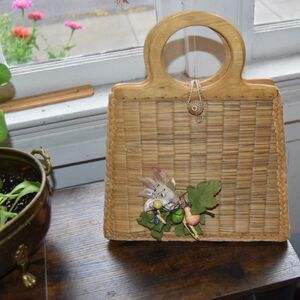 Vintage 1950s Rossini Japan Woven Straw Handbag Wood Handle Fruit Floral Purse